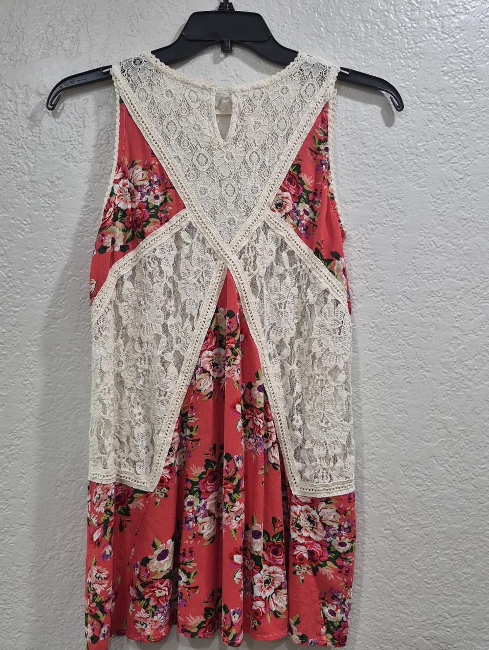 Boho Floral Lace Back Tank Top Coral Orange Cream Flowy Sleeveless Cami M L - Picture 7 of 8